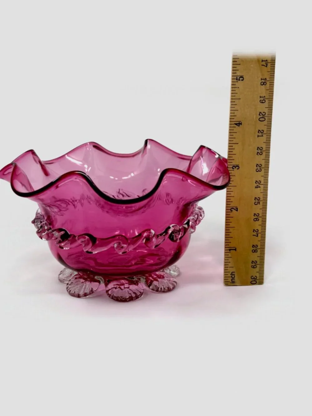 Victorian Cranberry Pink Art Glass Ruffled Bowl - Rigaree Trim & Shell Feet